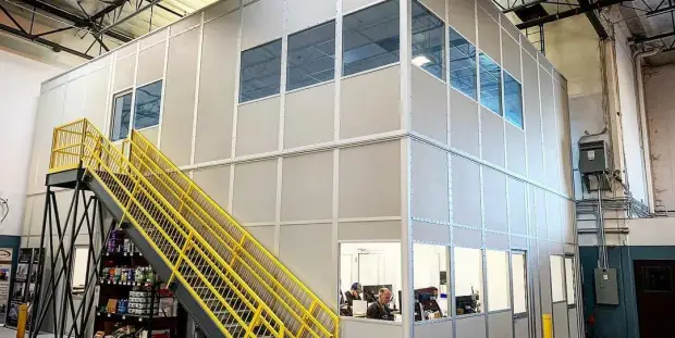 a modular office inside a warehouse