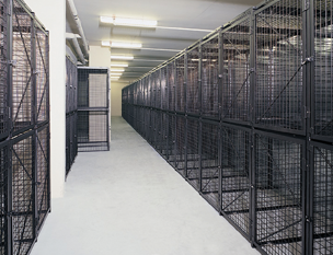 rows of wire security lockers stacked 2 high