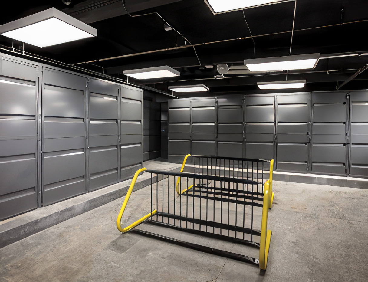 two bike racks on the floor surrounded by security lockers